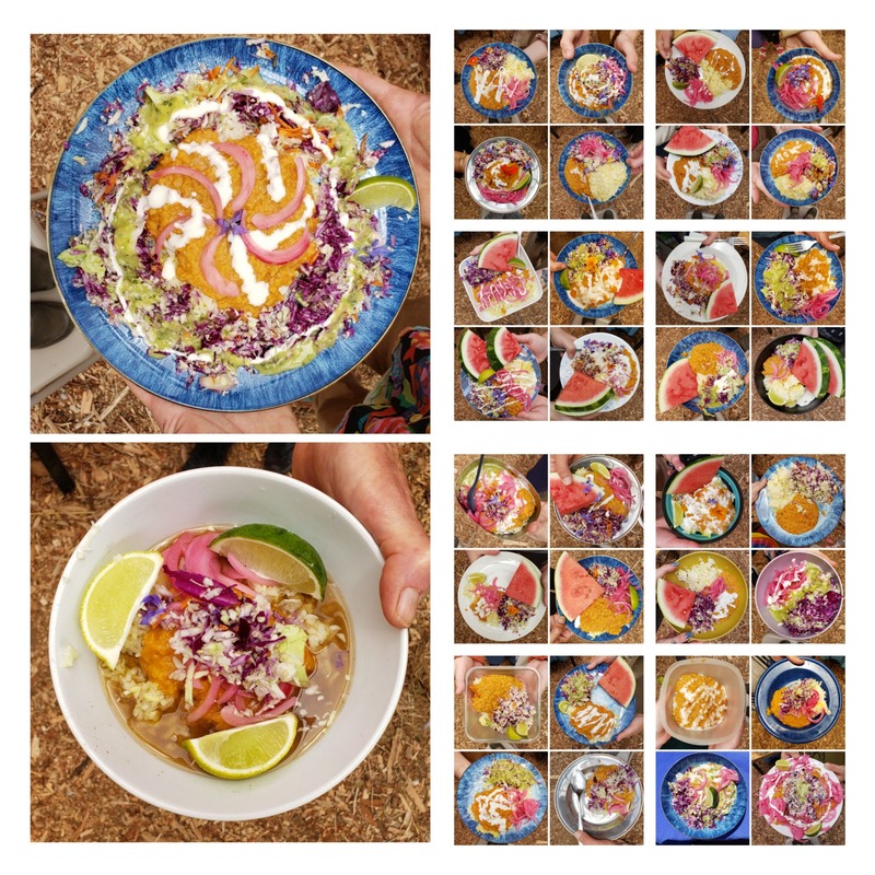 Beautiful vegan meal featuring colorful bowls with red lentil dal, purple cabbage, and artistic plating